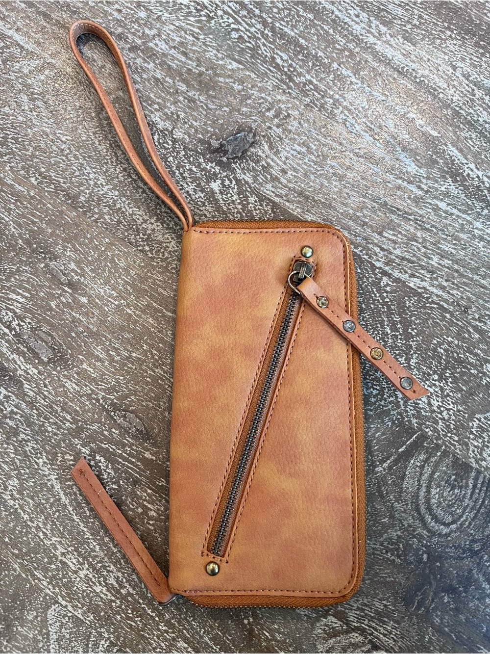 Free People Tan Distressed Leather Wristlet Wallet